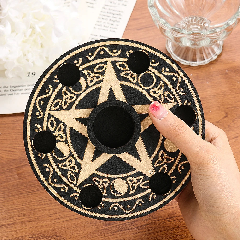 Wooden Pentacle Crystal Display or Candle Holder