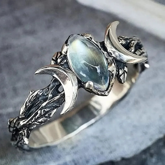 YILUOCD Vintage Natural Moonstone Triple Goddess Ring