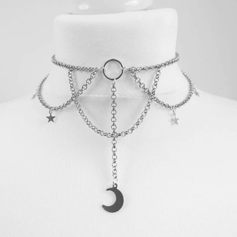 Goth Pentagram Moon Chain Choker
