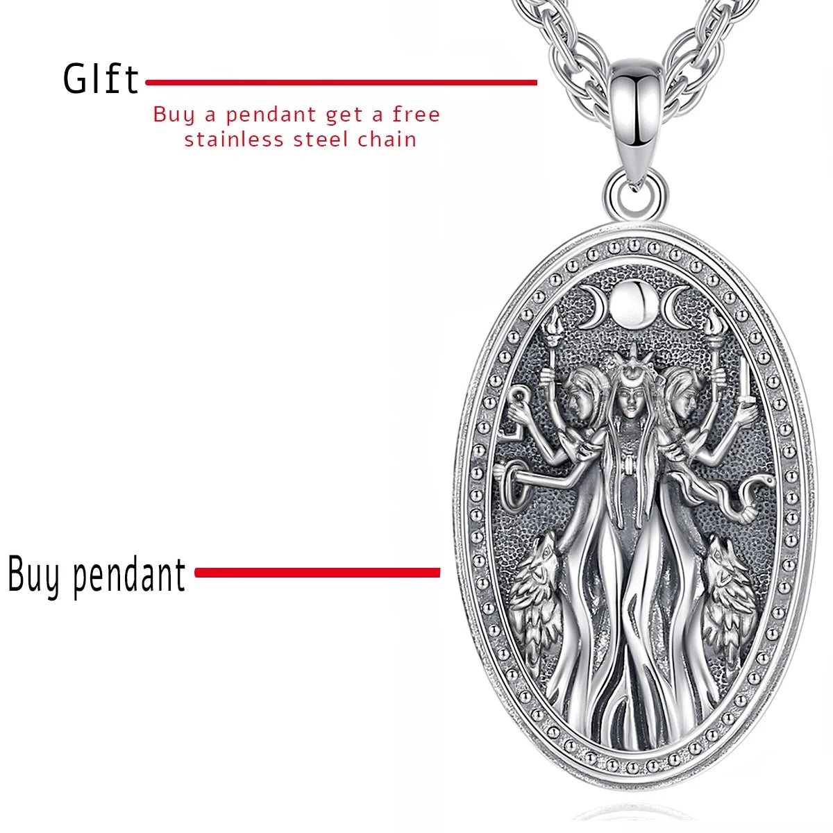 Eudora 925 Sterling Silver Triple Moon and Hekate Goddess Necklace