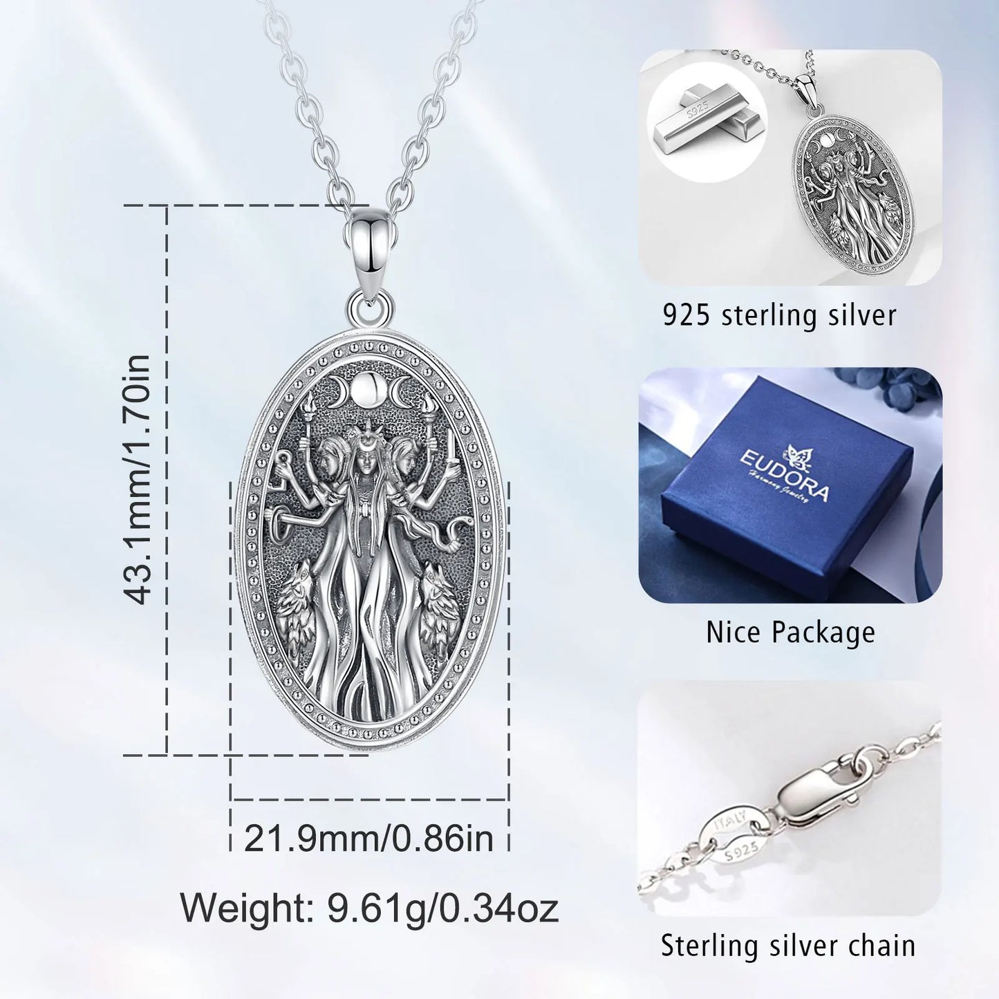 Eudora 925 Sterling Silver Triple Moon and Hekate Goddess Necklace