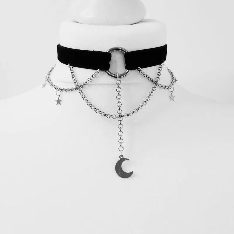 Goth Pentagram Moon Chain Choker