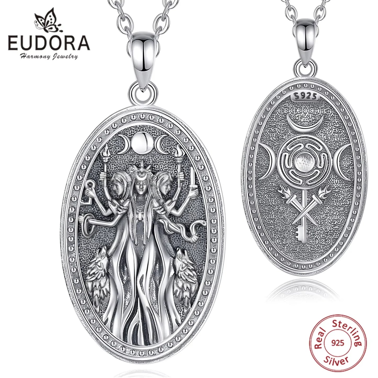 Eudora 925 Sterling Silver Triple Moon and Hekate Goddess Necklace