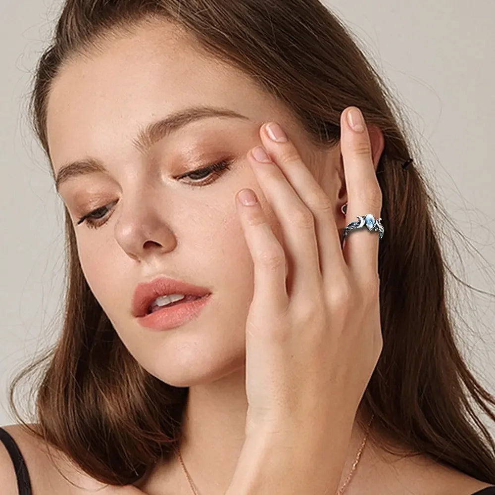 YILUOCD Vintage Natural Moonstone Triple Goddess Ring
