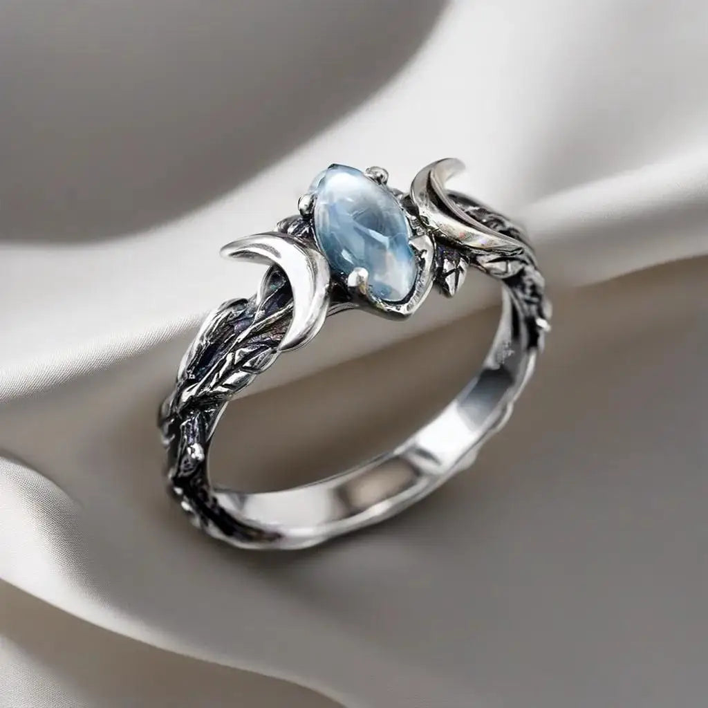 YILUOCD Vintage Natural Moonstone Triple Goddess Ring