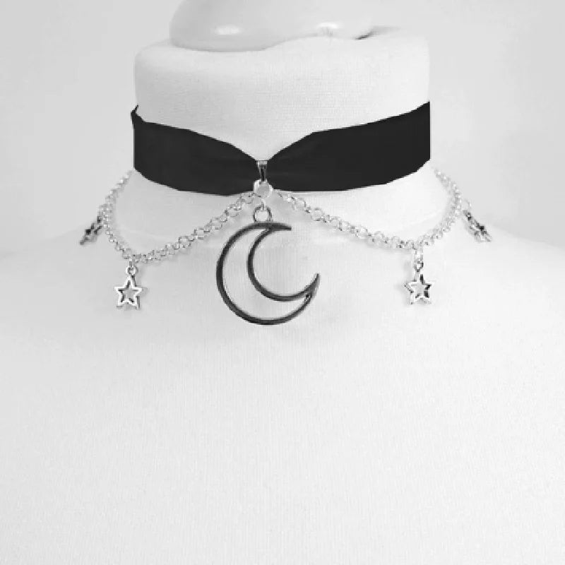 Goth Pentagram Moon Chain Choker