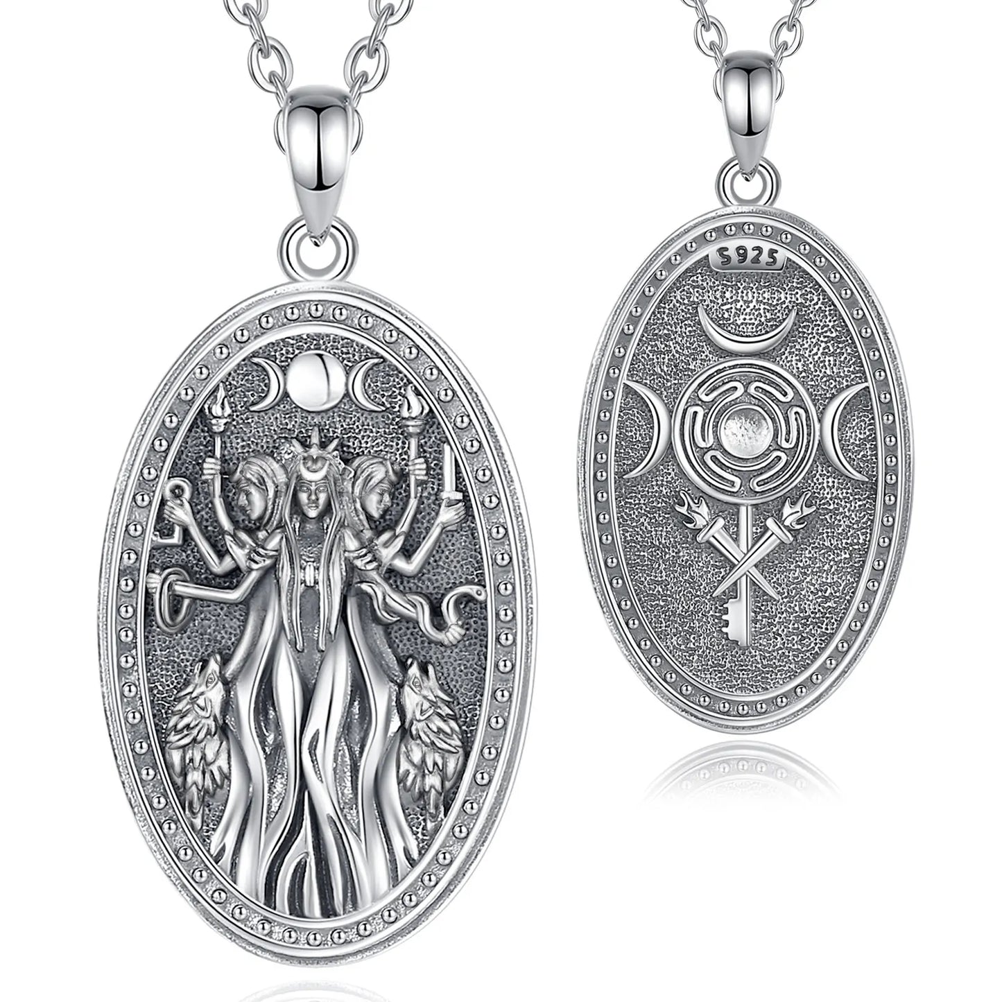 Eudora 925 Sterling Silver Triple Moon and Hekate Goddess Necklace