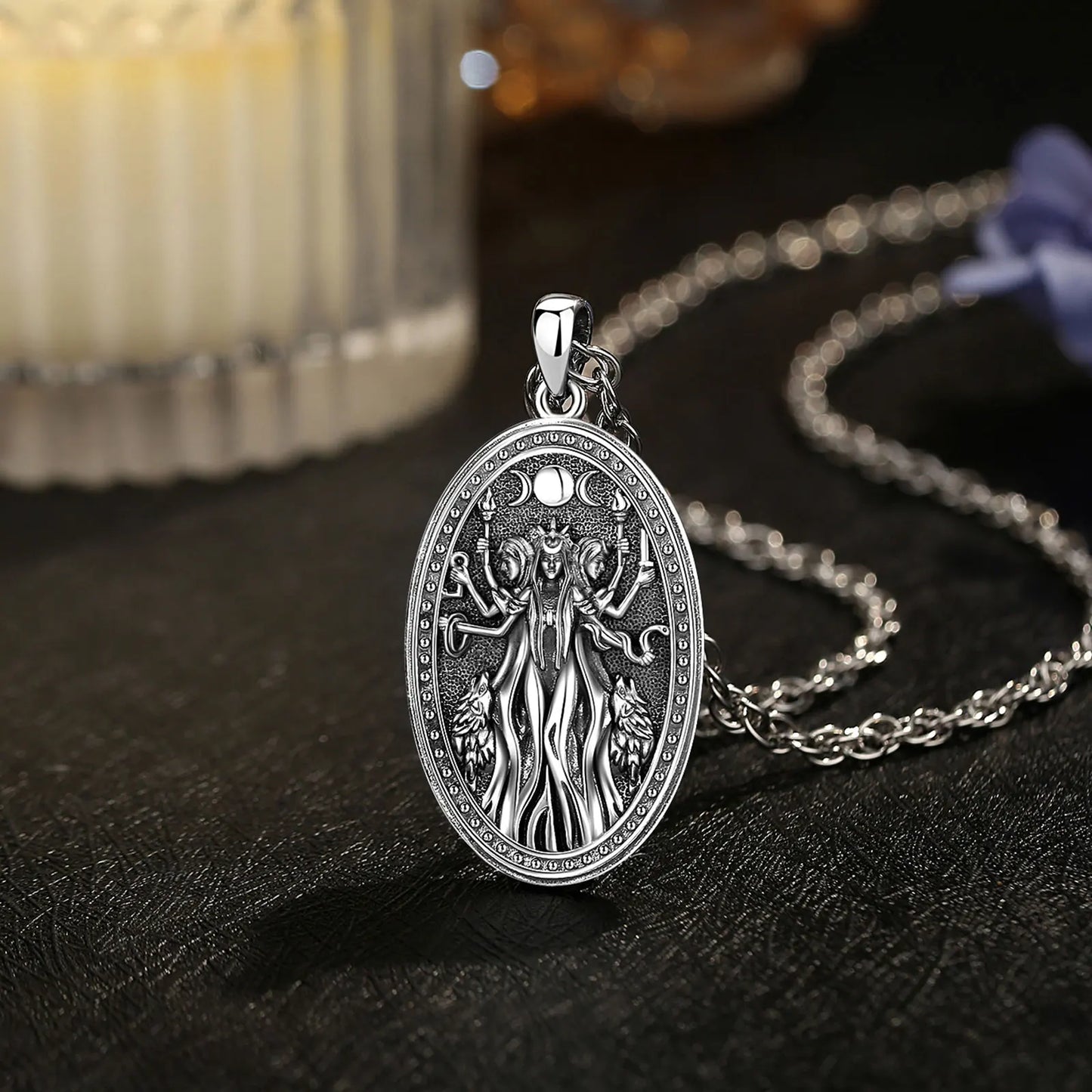 Eudora 925 Sterling Silver Triple Moon and Hekate Goddess Necklace